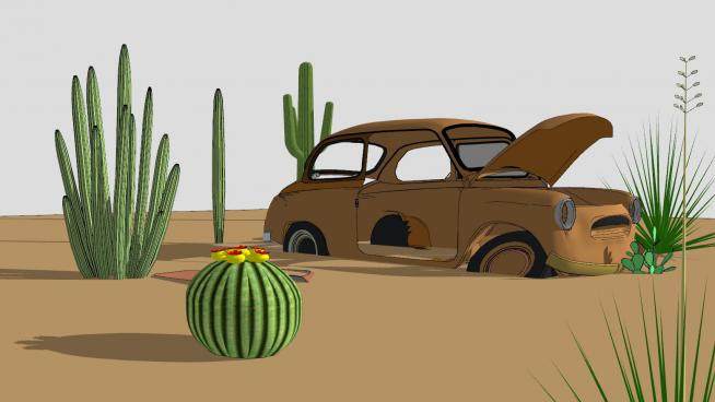 沙漠植物和报废汽车SU模型下载_sketchup草图大师SKP模型