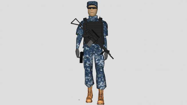 身着蓝色迷彩服防弹衣的武警SU模型下载_sketchup草图大师SKP模型