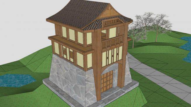 日式古建筑庭院景观SU模型下载_sketchup草图大师SKP模型