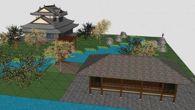日式古代建筑和拱桥SU模型下载_sketchup草图大师SKP模型