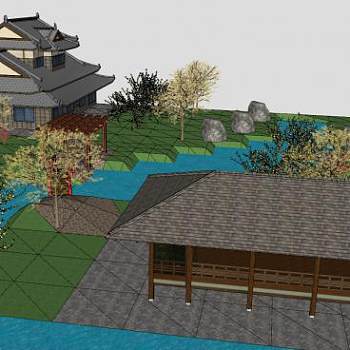 日式古代建筑和拱桥SU模型下载_sketchup草图大师SKP模型