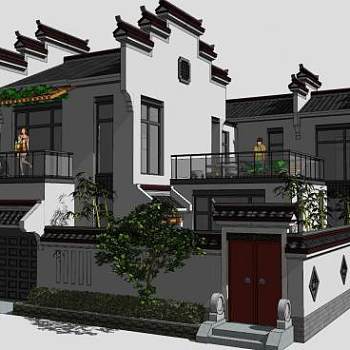 中式徽派别墅住宅院落SU模型下载_sketchup草图大师SKP模型