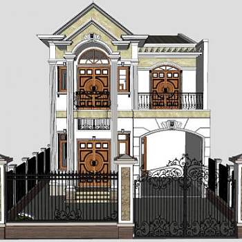 欧式别墅带铁艺门SU模型下载_sketchup草图大师SKP模型