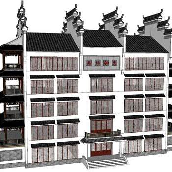 中式徽派风格文化礼堂建筑SU模型下载_sketchup草图大师SKP模型