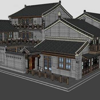 新中式风格四合院SU模型下载_sketchup草图大师SKP模型