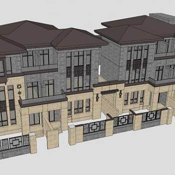 新中式双拼别墅建筑SU模型下载_sketchup草图大师SKP模型