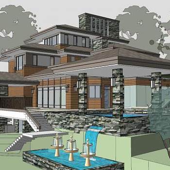 草原风别墅山地建筑SU模型下载_sketchup草图大师SKP模型