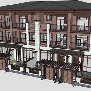 新中式四拼别墅建筑住宅带庭院SU模型下载_sketchup草图大师SKP模型