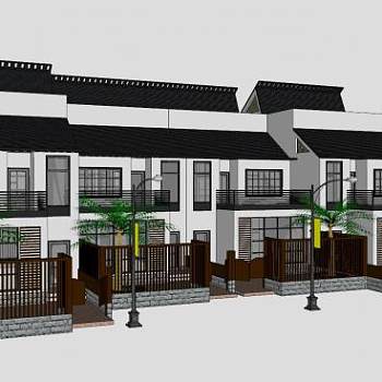 中式联排别墅建筑带路灯SU模型下载_sketchup草图大师SKP模型