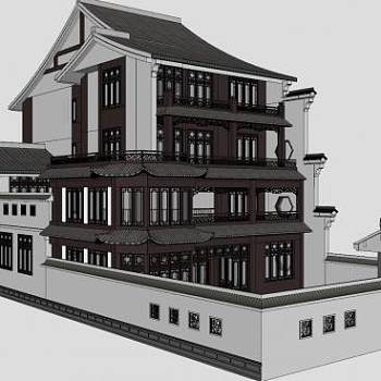 中式排屋别墅建筑围墙SU模型下载_sketchup草图大师SKP模型