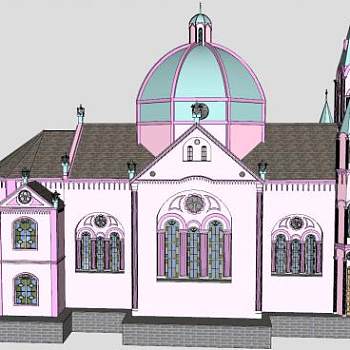 粉色风格教会堂建筑SU模型下载_sketchup草图大师SKP模型