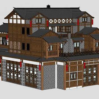 中式吊脚楼建筑SU模型下载_sketchup草图大师SKP模型