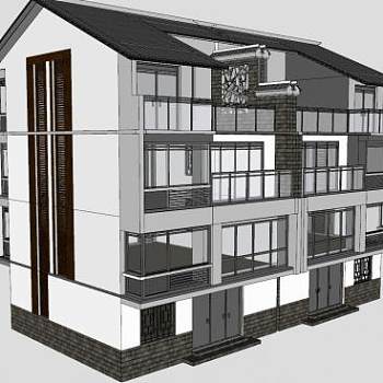 中式徽派农村别墅建筑SU模型下载_sketchup草图大师SKP模型