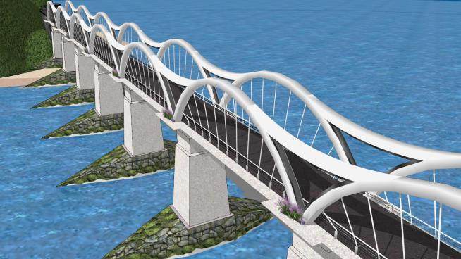 现代大桥和海边别墅SU模型下载_sketchup草图大师SKP模型