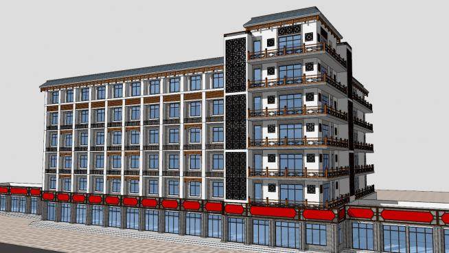 新中式风格酒店建筑和门面商铺SU模型下载_sketchup草图大师SKP模型