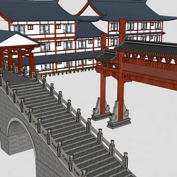 中式商业街建筑楼房+牌坊和石桥SU模型下载_sketchup草图大师SKP模型