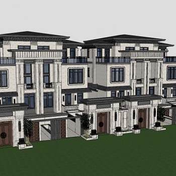 新中式联排别墅建筑SKP模型下载_sketchup草图大师SKP模型