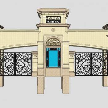 欧式门卫亭大门入口SU模型下载_sketchup草图大师SKP模型