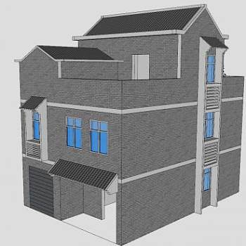 中式筑岭南新农村三层住宅建筑SU模型下载_sketchup草图大师SKP模型