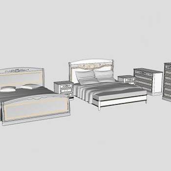 欧式白色双人床床头柜SU模型下载_sketchup草图大师SKP模型