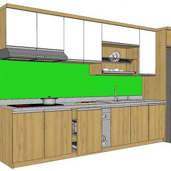 木色调的厨房橱柜冰箱厨具SU模型下载_sketchup草图大师SKP模型