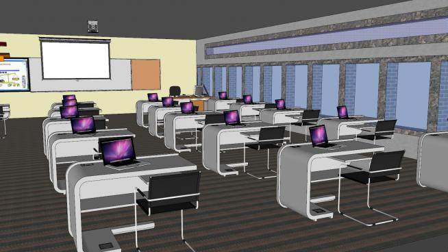 电教室学校桌椅和投影幕布SU模型下载_sketchup草图大师SKP模型