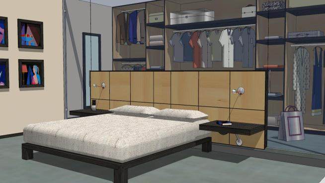 卧室房间板床和开放式衣柜SU模型下载_sketchup草图大师SKP模型