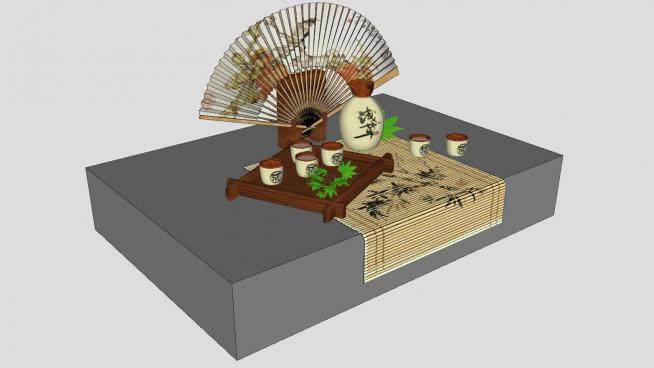 日式茶具清酒扇子摆件SU模型下载_sketchup草图大师SKP模型