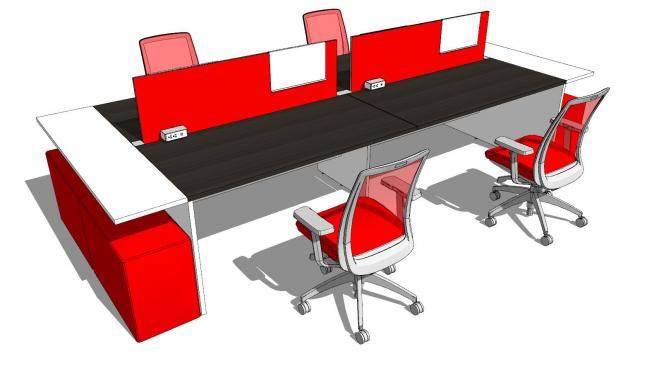 公司职员红色办公桌椅SU模型下载_sketchup草图大师SKP模型