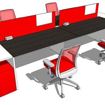 公司职员红色办公桌椅SU模型下载_sketchup草图大师SKP模型