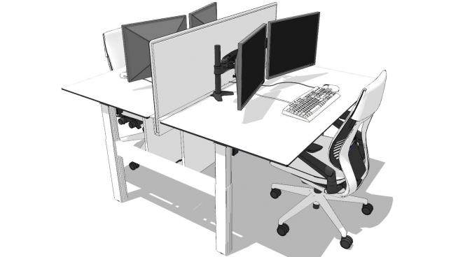 办公桌配有隔板屏风双人桌椅SU模型下载_sketchup草图大师SKP模型