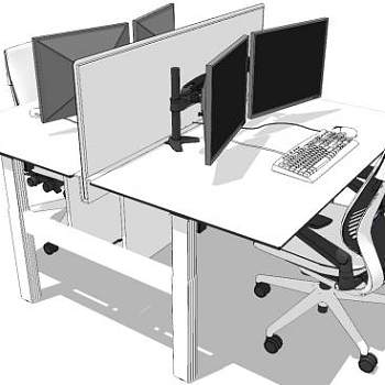 办公桌配有隔板屏风双人桌椅SU模型下载_sketchup草图大师SKP模型