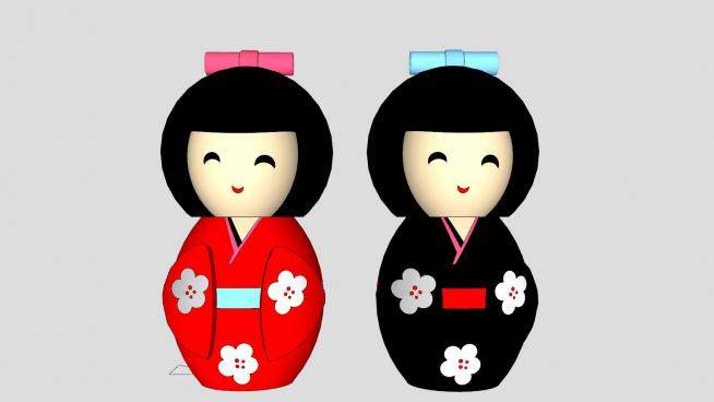 日本陶瓷娃娃和服玩偶装饰品SU模型下载_sketchup草图大师SKP模型