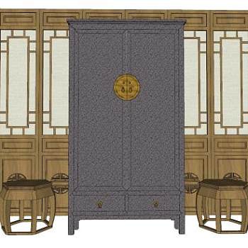 古代纸糊门窗和中式柜子凳子SU模型下载_sketchup草图大师SKP模型