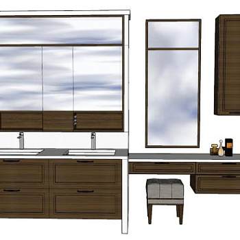 现代双人洗手池浴室柜带凳子SU模型下载_sketchup草图大师SKP模型