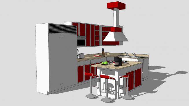 开放式厨房橱柜吧台一体SU模型下载_sketchup草图大师SKP模型