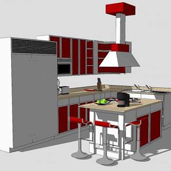 开放式厨房橱柜吧台一体SU模型下载_sketchup草图大师SKP模型