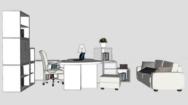 整套办公桌书桌沙发书柜组合SU模型下载_sketchup草图大师SKP模型