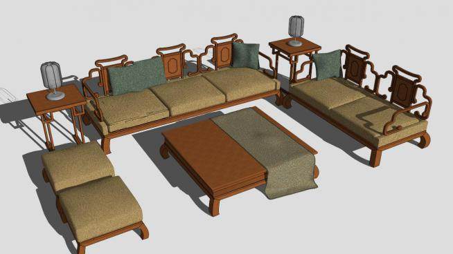 仿古中式古典组合沙发SU模型下载_sketchup草图大师SKP模型