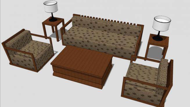 新中式现代木制组合沙发SU模型下载_sketchup草图大师SKP模型