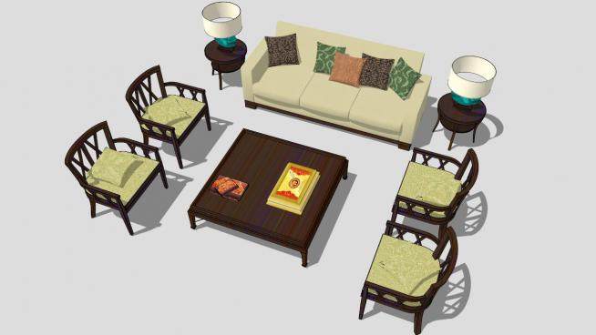 现代中式木质组合沙发SU模型下载_sketchup草图大师SKP模型