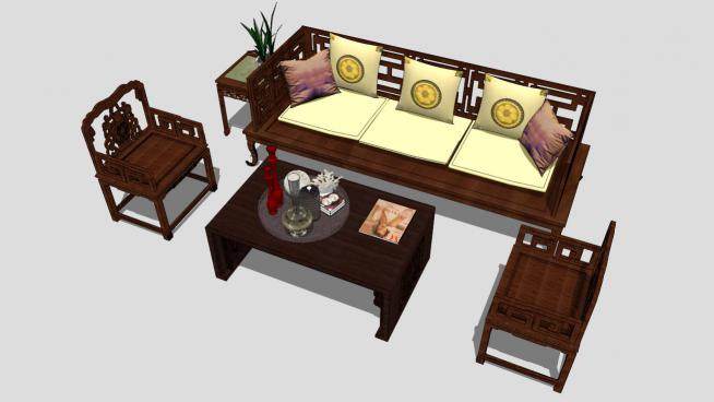 古典中式木质组合沙发SU模型下载_sketchup草图大师SKP模型