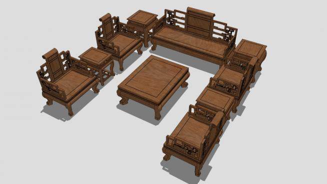 仿古中式木质组合沙发SU模型下载_sketchup草图大师SKP模型