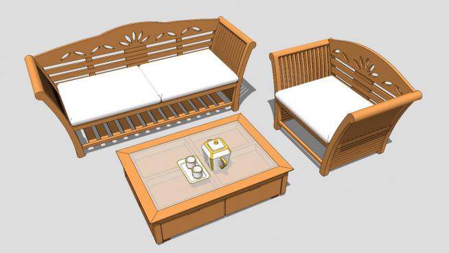 中式古典木质组合沙发SU模型下载_sketchup草图大师SKP模型