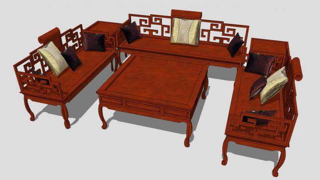 中式古典实木组合沙发SU模型下载_sketchup草图大师SKP模型