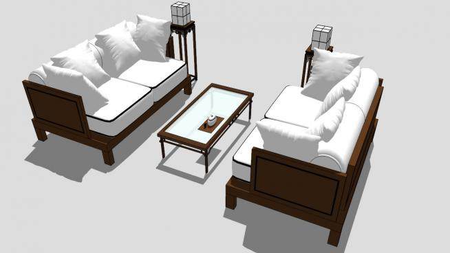 简约中式布质组合沙发SU模型下载_sketchup草图大师SKP模型