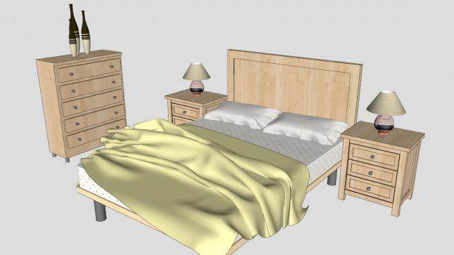 木板双人床床铺卧室家具SU模型下载_sketchup草图大师SKP模型