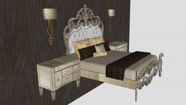 欧式双人床床铺带壁灯和床头柜SU模型下载_sketchup草图大师SKP模型