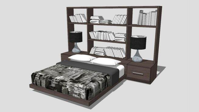 北欧现代实木风格双人床和床头书柜SU模型下载_sketchup草图大师SKP模型