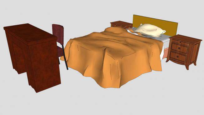 木制单人床床铺和书桌SU模型下载_sketchup草图大师SKP模型